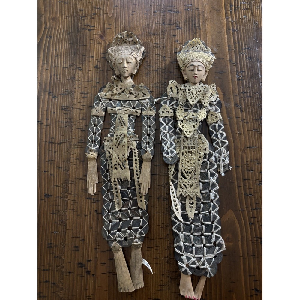 Vintage Indonesian Balinese Cash Coin Dolls Asian Folk Art Wall Decor Pair